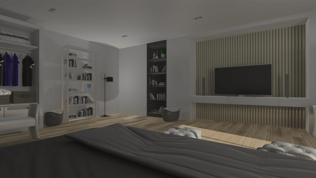 View of a modern bedroom. Grey and white tones throughout with two bookcases filled with books against the far wall. A large TV and sound system sits unused.
